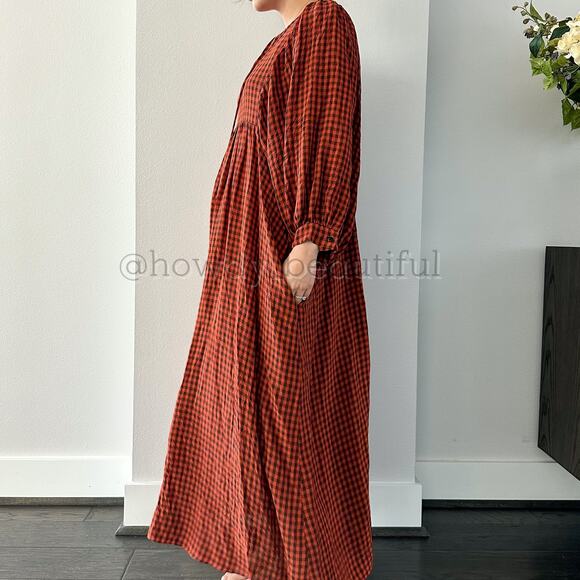 MR. LARKIN Checkered Burnt Orange Balloon Sleeves Maxi Dress - Picture 4 of 10